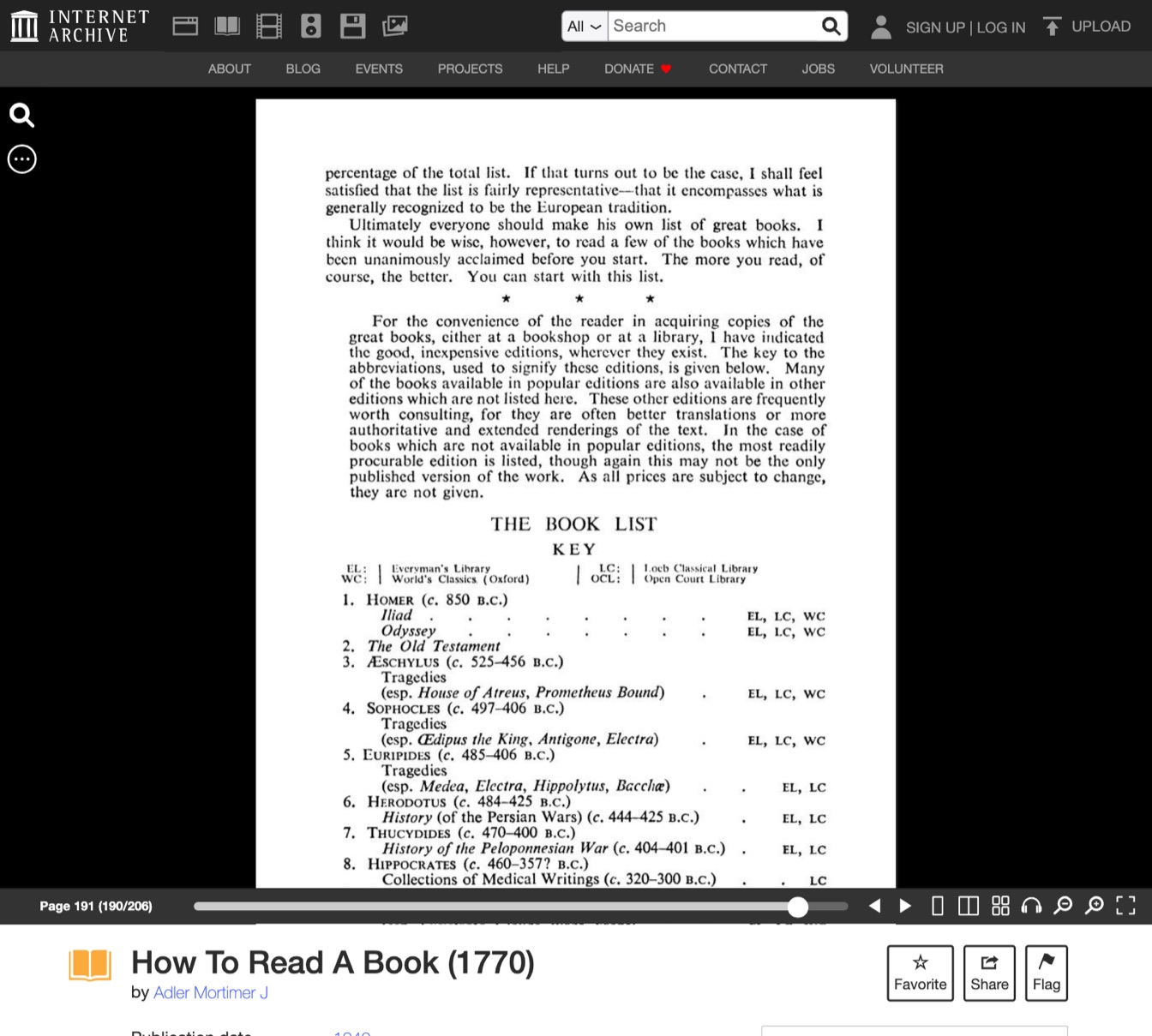 The start of Adler's list of great books in the 1940 edition, page 191 of the London printing, from the Internet Archive scan, October 2026.