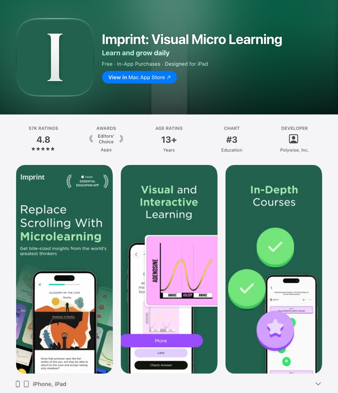 Imprint's App Store listing with three of its own screenshots, October 2026.