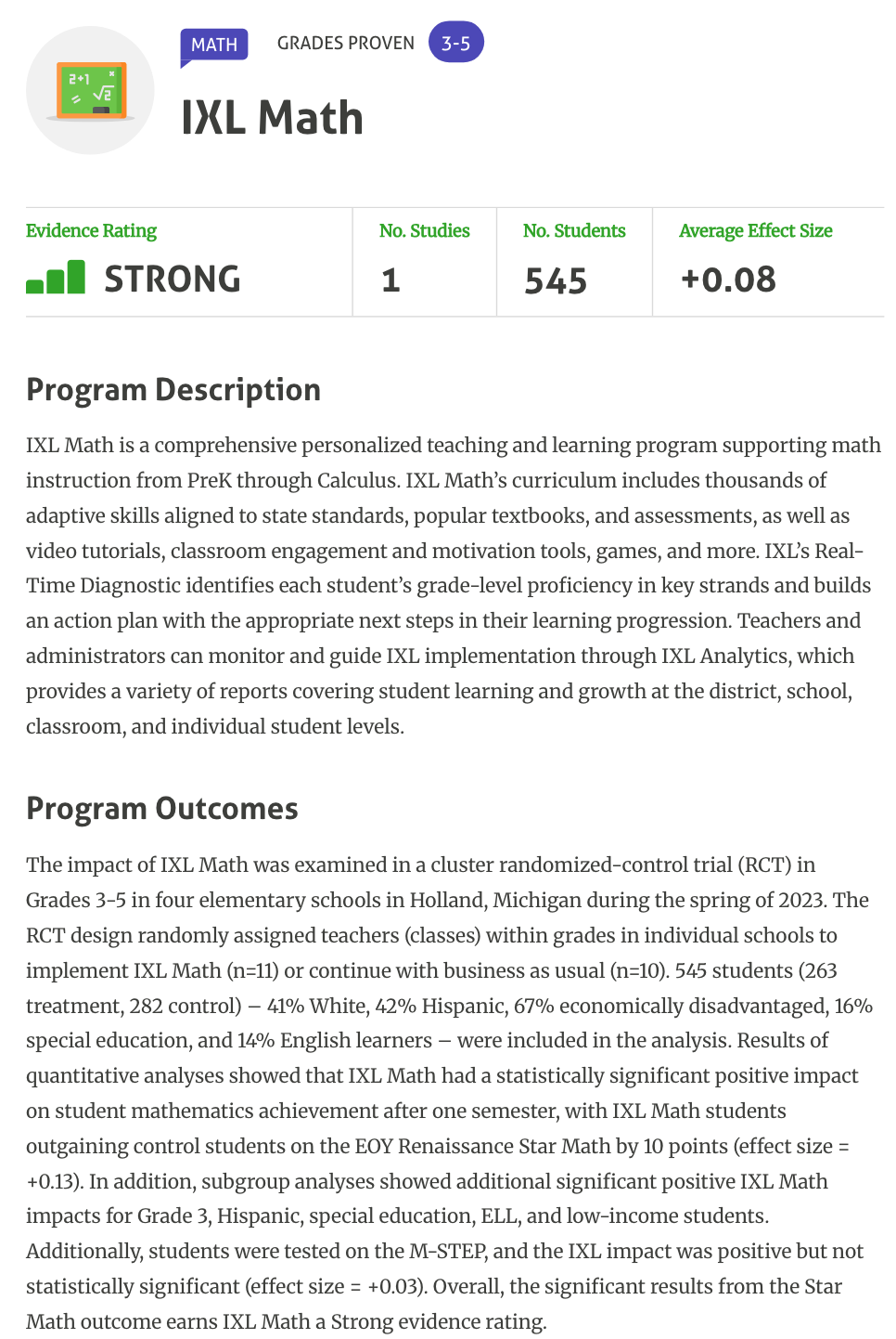 The Evidence for ESSA entry for IXL Math, October 2026.