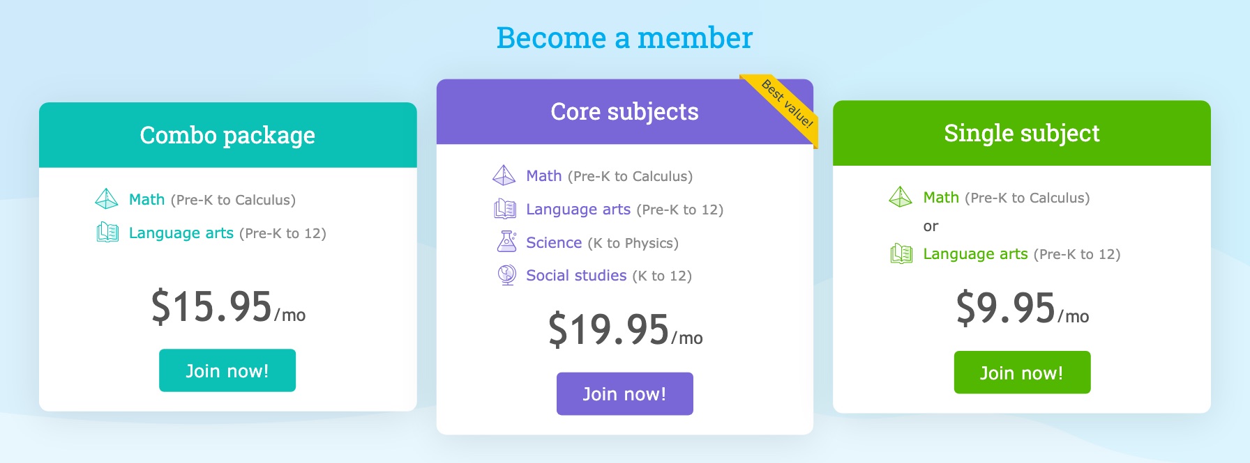 The three family plans on IXL's membership page, October 2026.