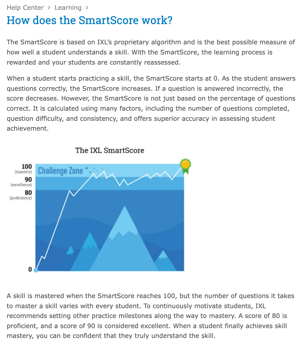 IXL's help article on the SmartScore, with its chart of the Challenge Zone, October 2026.