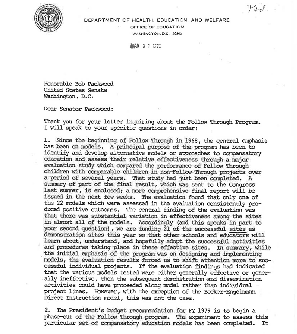 The first page of Commissioner Ernest Boyer's 1978 letter to Senator Bob Packwood, a US government document published on NIFDI's site, retrieved October 2026.