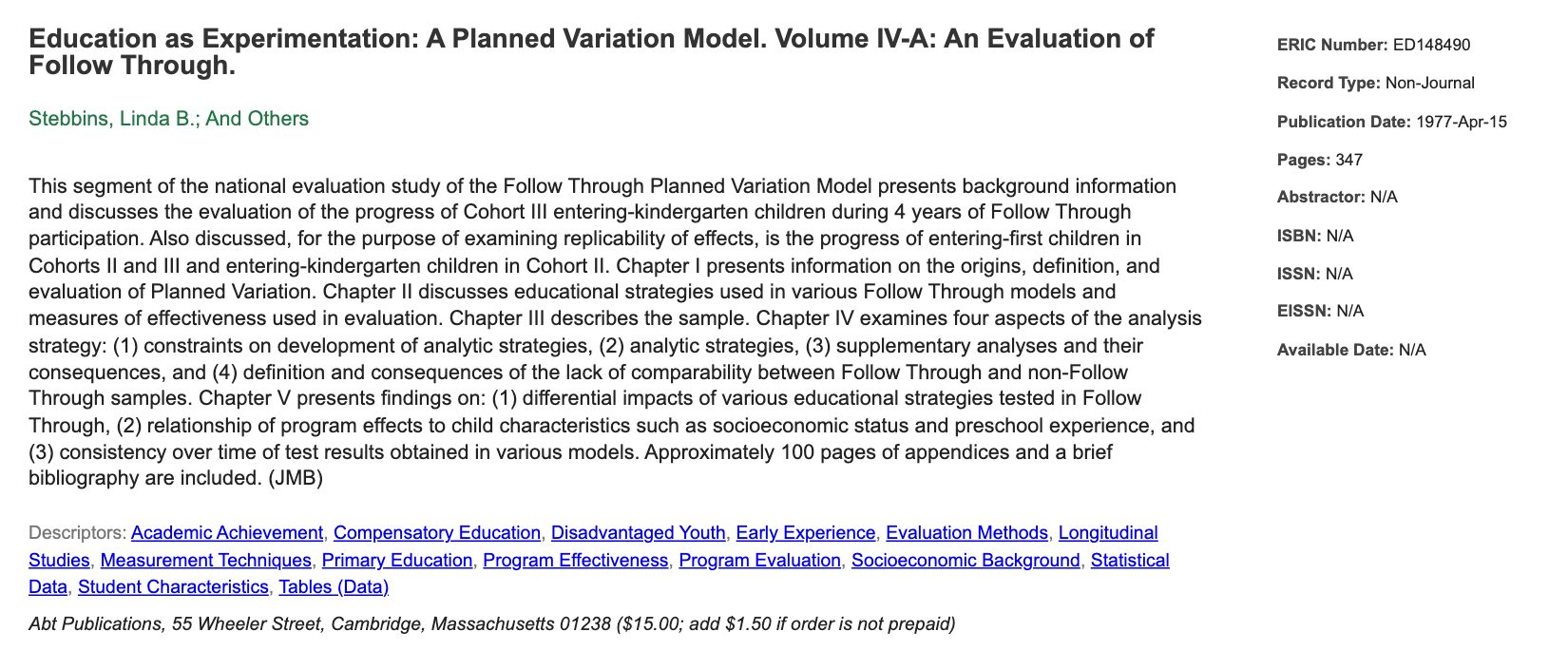 The ERIC record for Volume IV-A of the Abt Associates evaluation, dated April 15, 1977, as shown in October 2026.