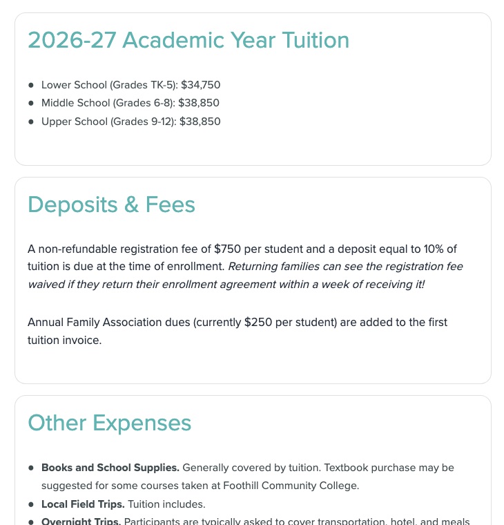 Khan Lab School's tuition page for the 2026-27 school year, October 2026.