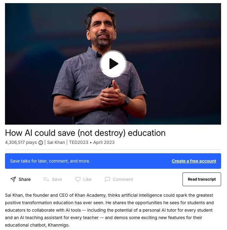 TED's page for Sal Khan's April 2023 talk, captured in October 2026.