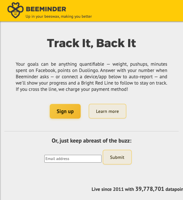 Beeminder's home page in October 2026. Duolingo points are among its examples of things to put money on.