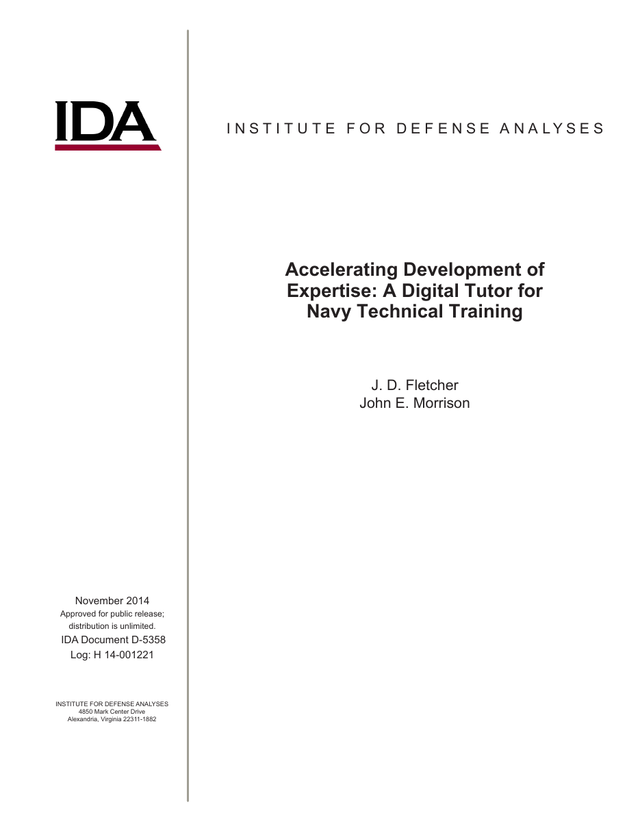 The cover of the Institute for Defense Analyses report on the DARPA Digital Tutor, a public document dated November 2014.