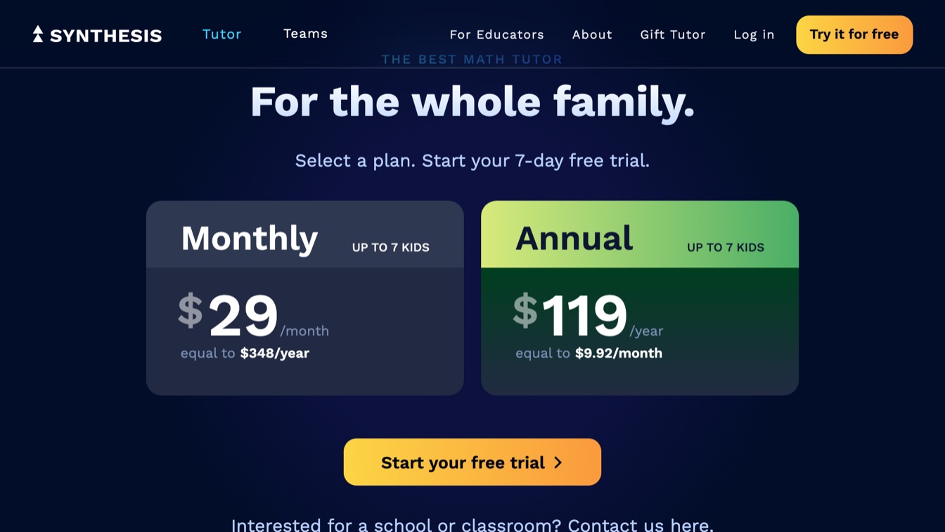 The pricing section of synthesis.com/tutor on October 4, 2026.