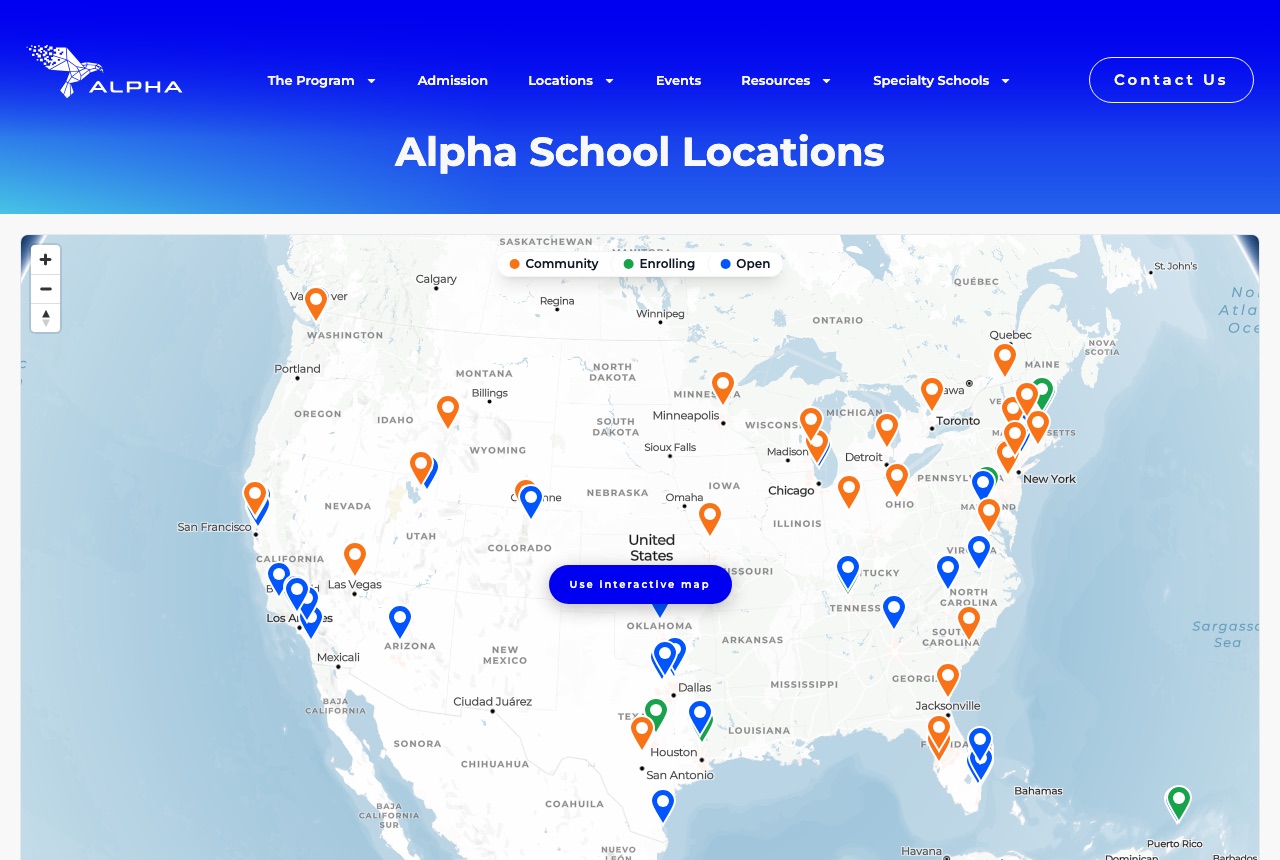 Alpha School's locations page on October 4, 2026, with the Specialty Schools menu at the top right.
