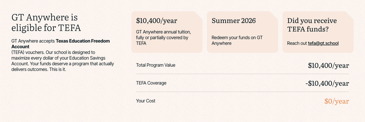 The tuition section of GT Anywhere's home page, October 2026.