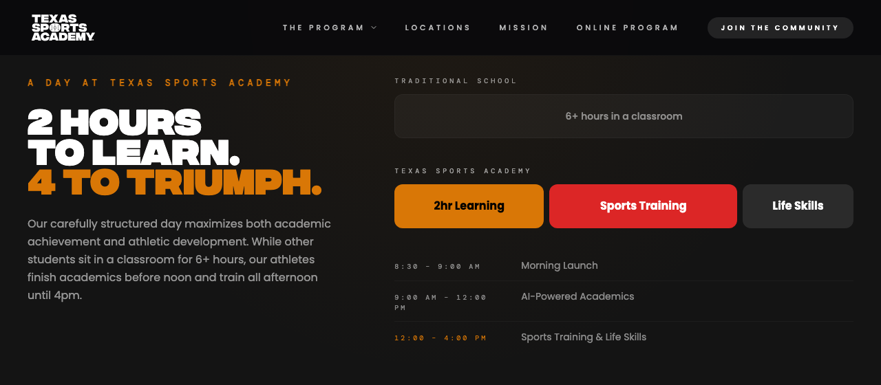 The daily schedule on Texas Sports Academy's home page, October 2026.