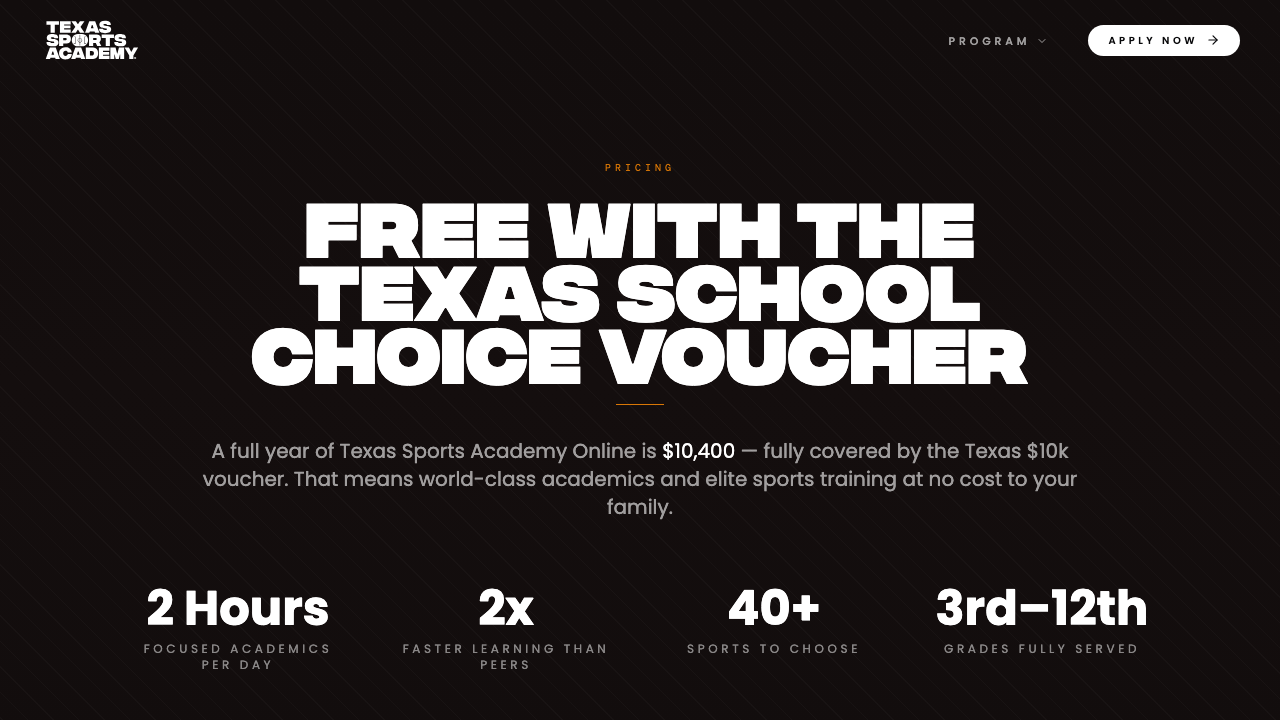 The pricing page of Texas Sports Academy Online, October 2026.