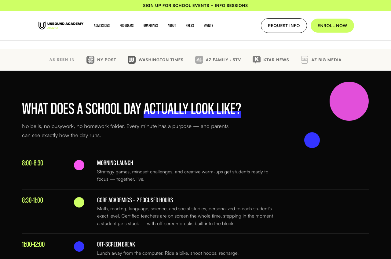 The school day on Unbound Academy's home page, October 2026.