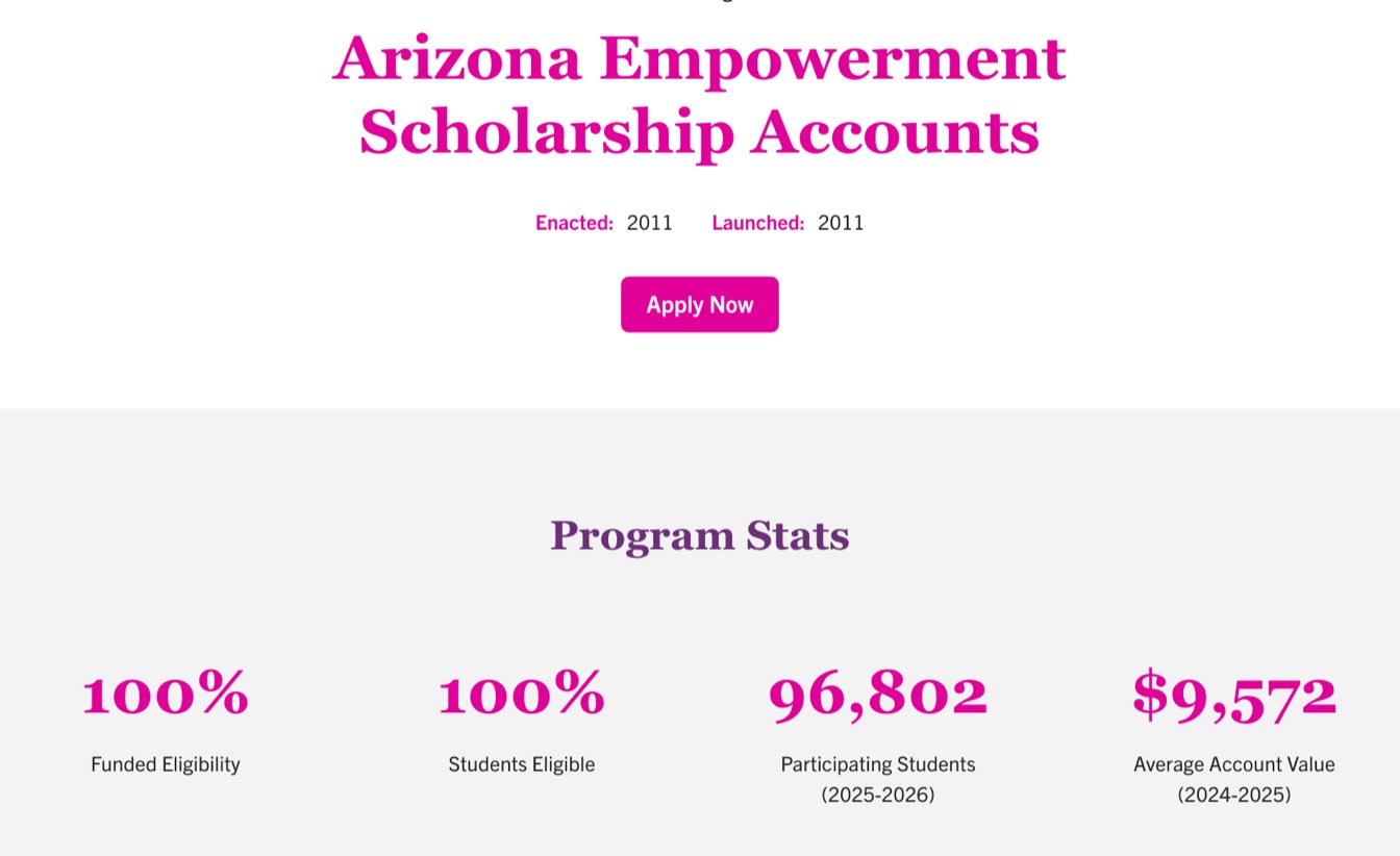 EdChoice's page for Arizona's Empowerment Scholarship Accounts, October 2026. EdChoice is an advocacy organisation.