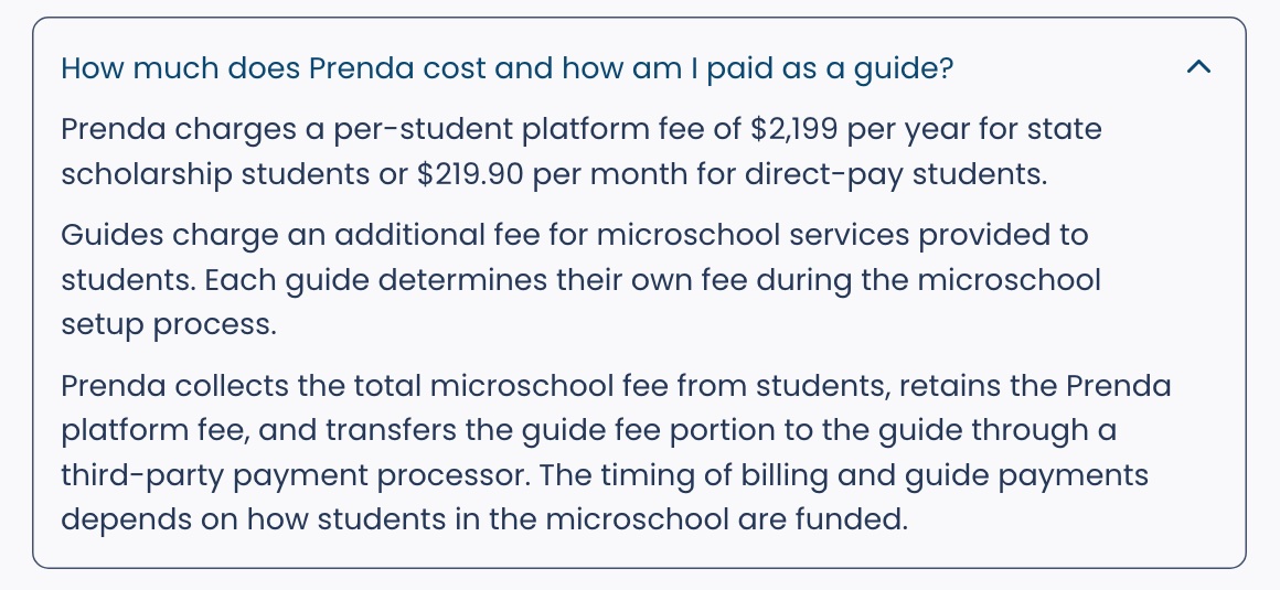 The cost answer in the FAQ on Prenda's home page, October 2026.