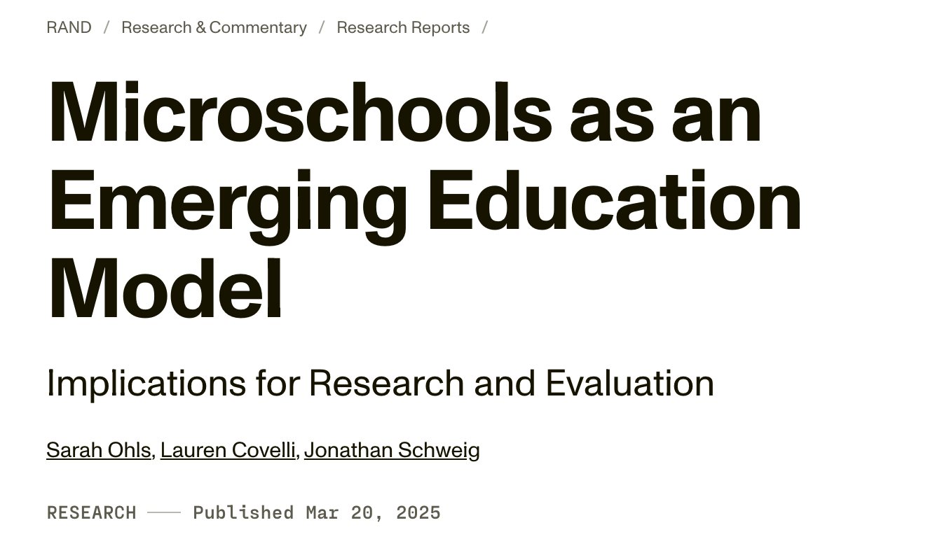 The title block of RAND's report on microschools, published March 20, 2025, as shown on rand.org in October 2026.