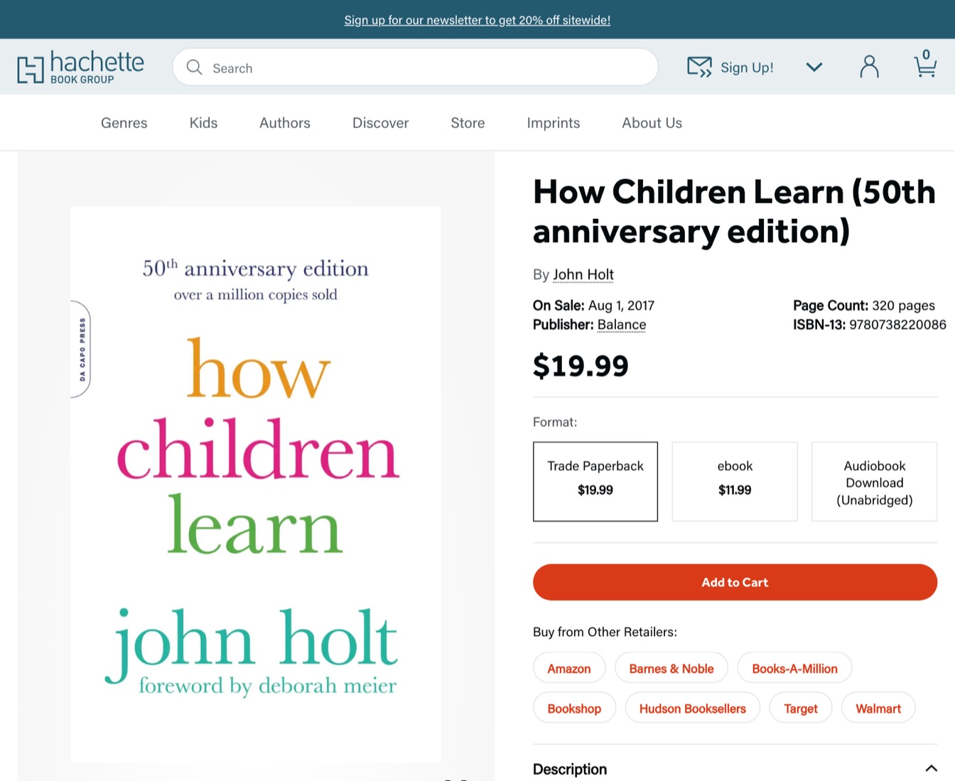 The 50th anniversary edition of How Children Learn on the page of its publisher, Hachette Book Group, in October 2026. Cover: Da Capo Press.