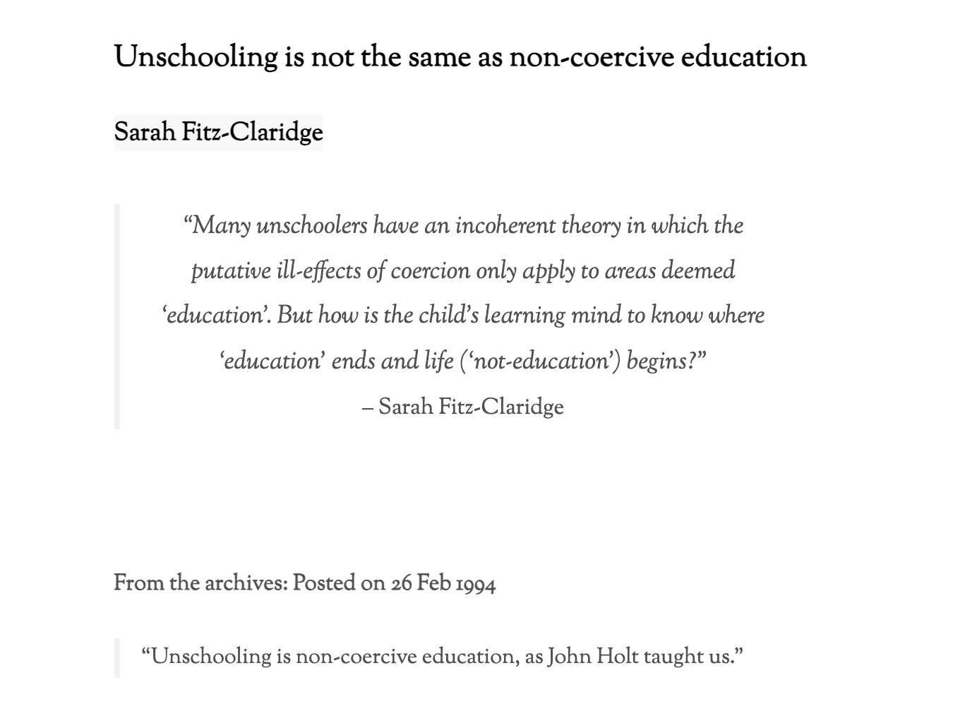 Sarah Fitz-Claridge's 1994 post on the Taking Children Seriously site, captured in October 2026.