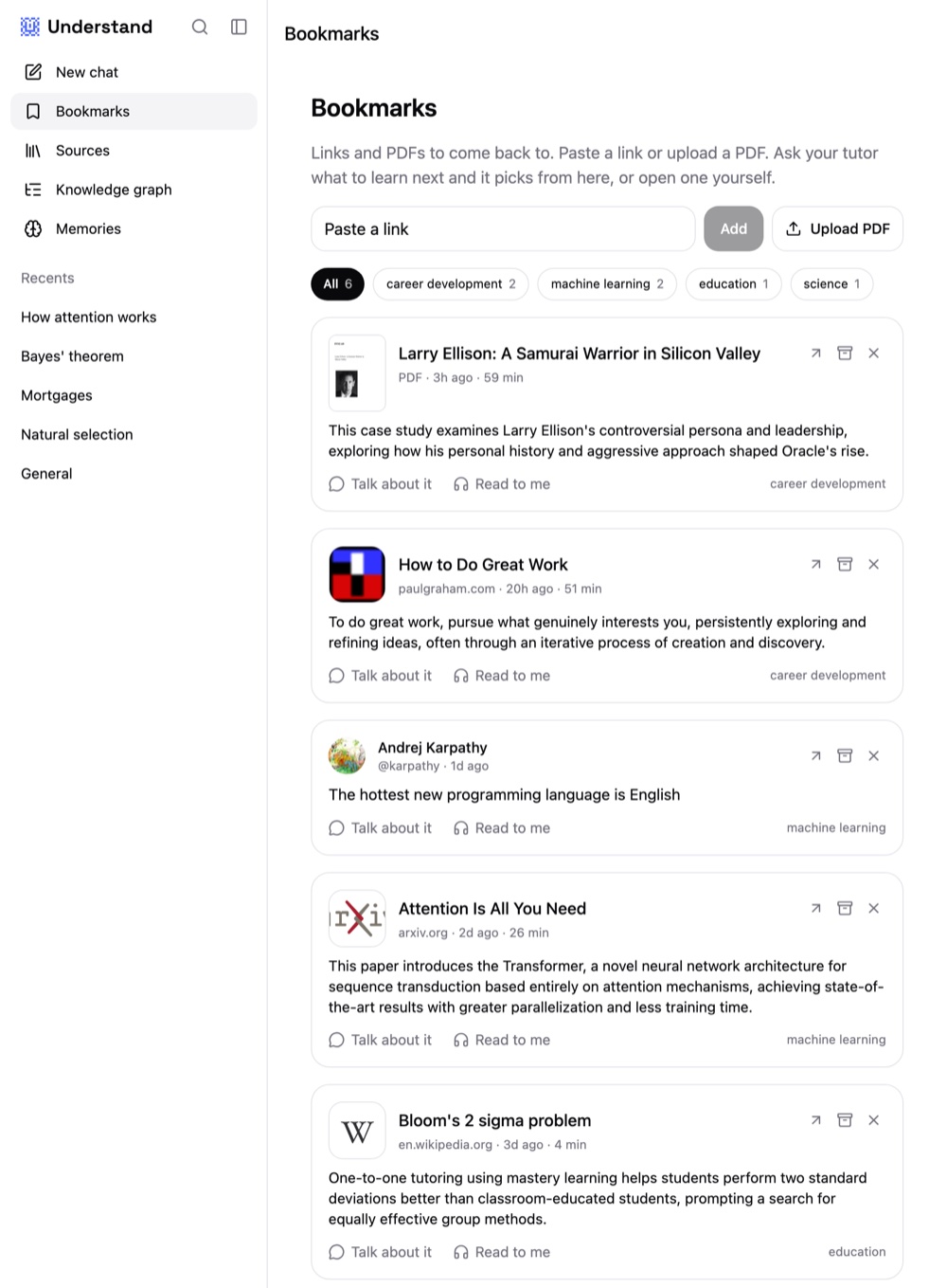 Understand's Bookmarks page, with a PDF, an essay, a post on X, a paper and a Wikipedia article, each with Talk about it and Read to me.
