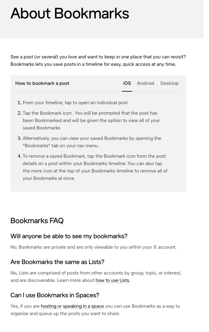 X's help-centre page on bookmarks, which says they are private and visible only to you. help.x.com, captured October 2026.