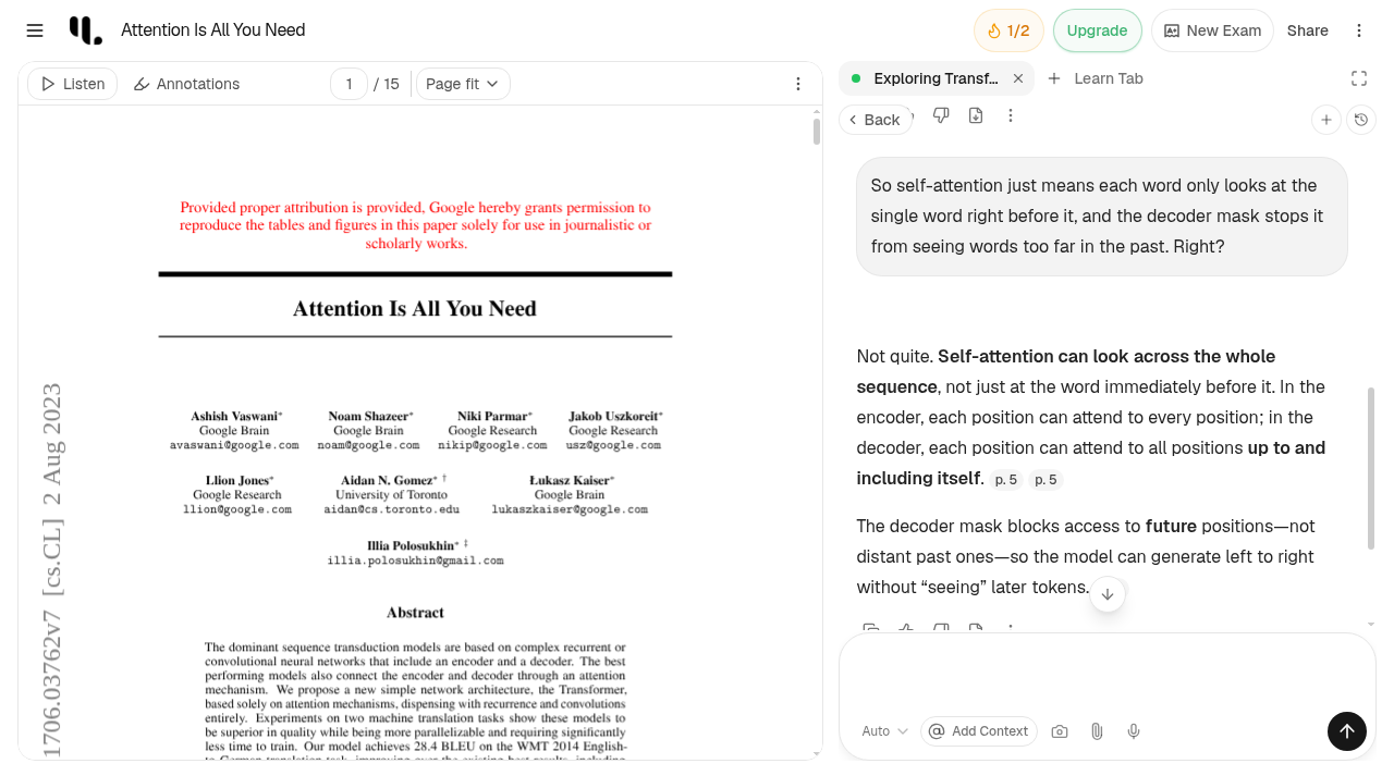 YouLearn corrects a wrong explanation of self-attention and cites page 5 of the paper.