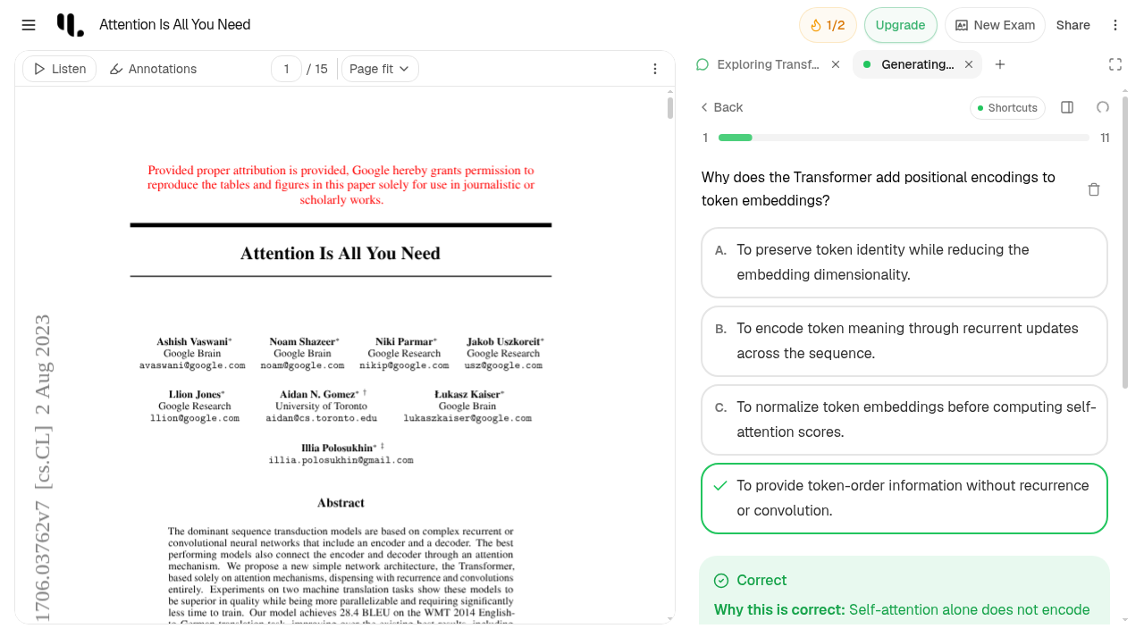 A YouLearn quiz question on positional encodings, answered correctly, with an explanation underneath.