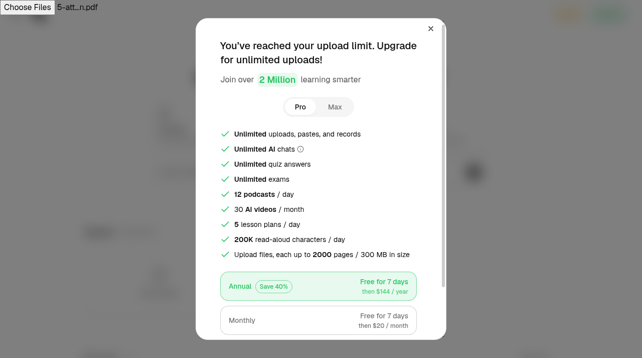 The modal YouLearn shows when the daily upload limit is reached, offering a seven-day trial and then $144 a year.